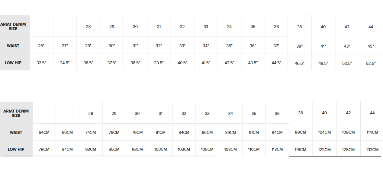 2025 ARIAT MENS DENIM SIZE  Size Chart